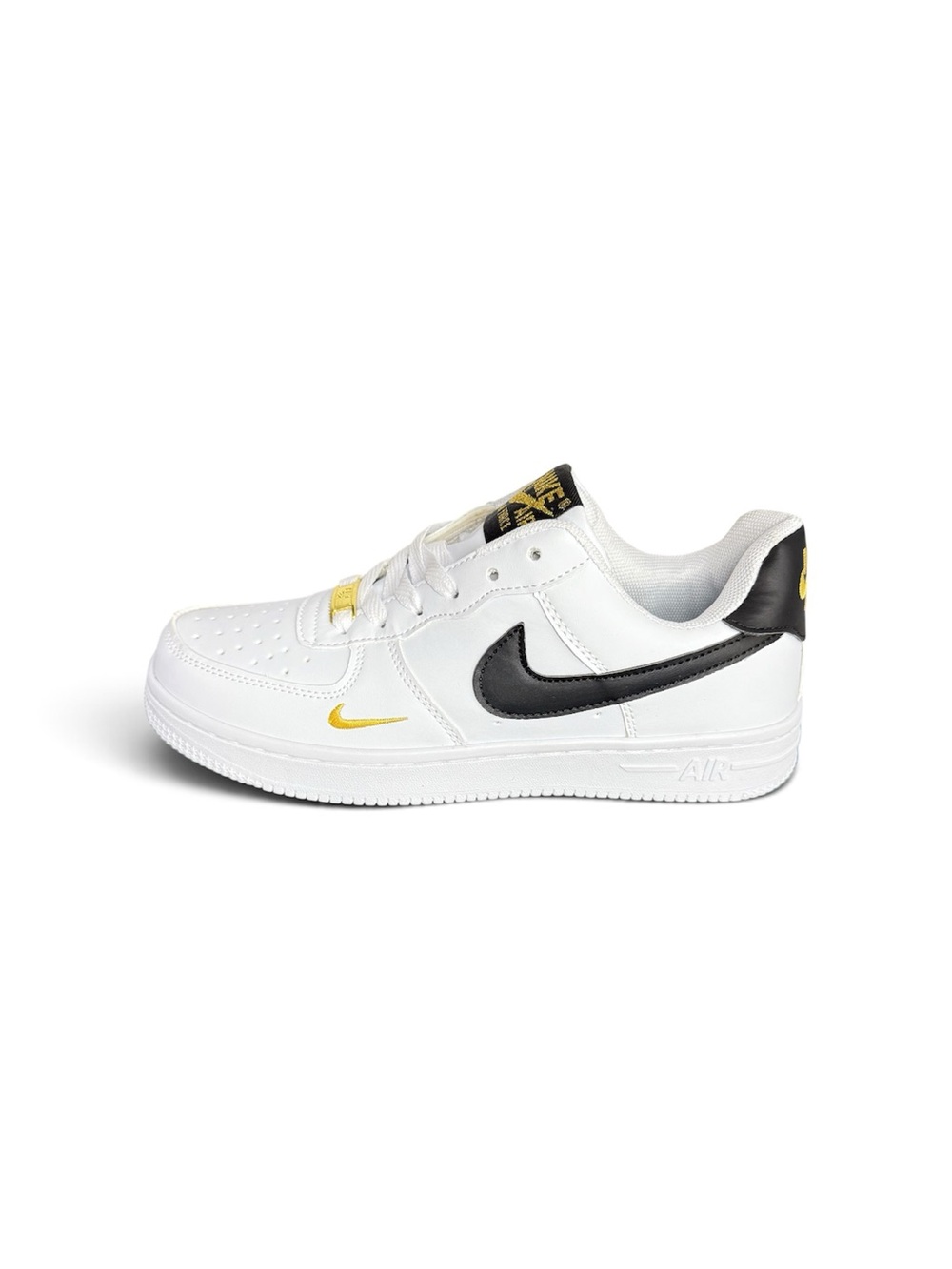 Nike Men’s White Leather Sneaker with Black Swoosh and Gold Accents